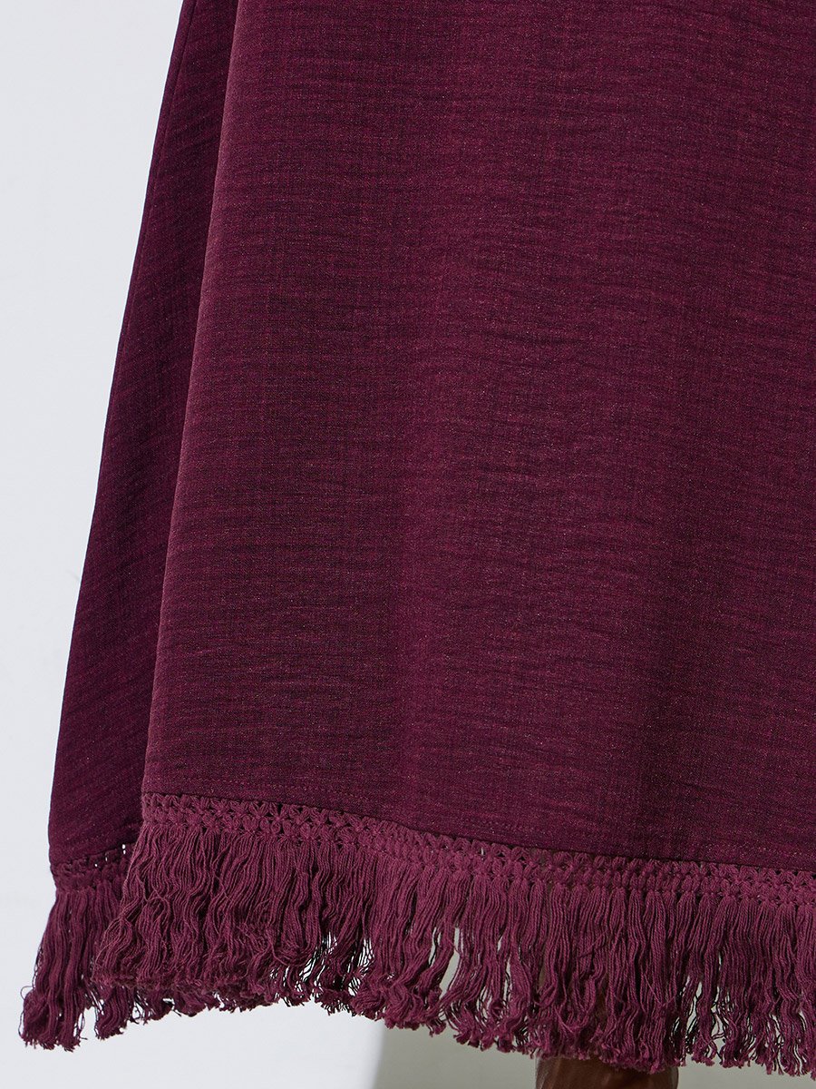 Women Burgundy A-Line Maxi Skirt with Fringe Hem