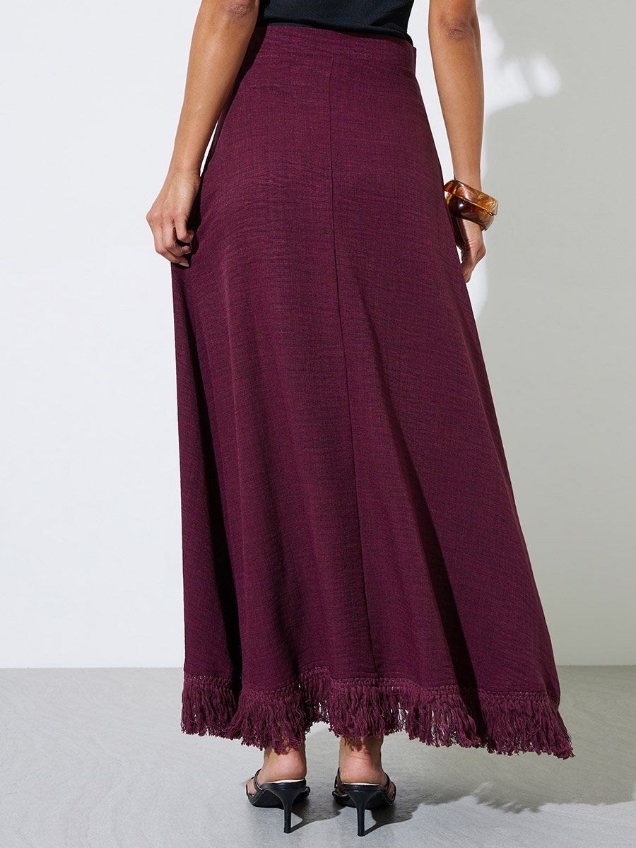 Women Burgundy A-Line Maxi Skirt with Fringe Hem