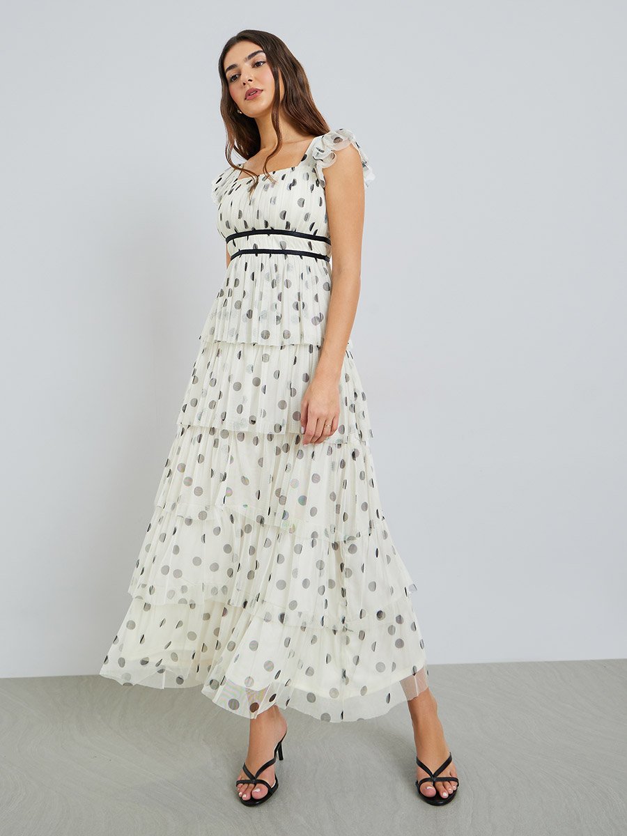 Off White Polka Dot Layered Maxi Dress