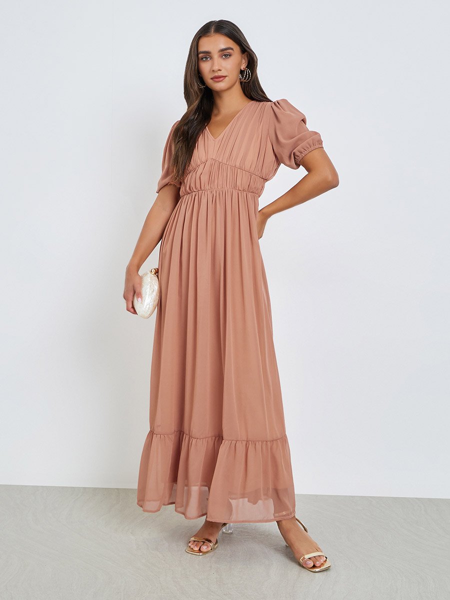 a line peach dress Ruched A-Line Maxi For Women at Kuwait Lingerie Solutions Women's Adhesive charming Bottom Size:48-Unhemmed Online Clothing Store.