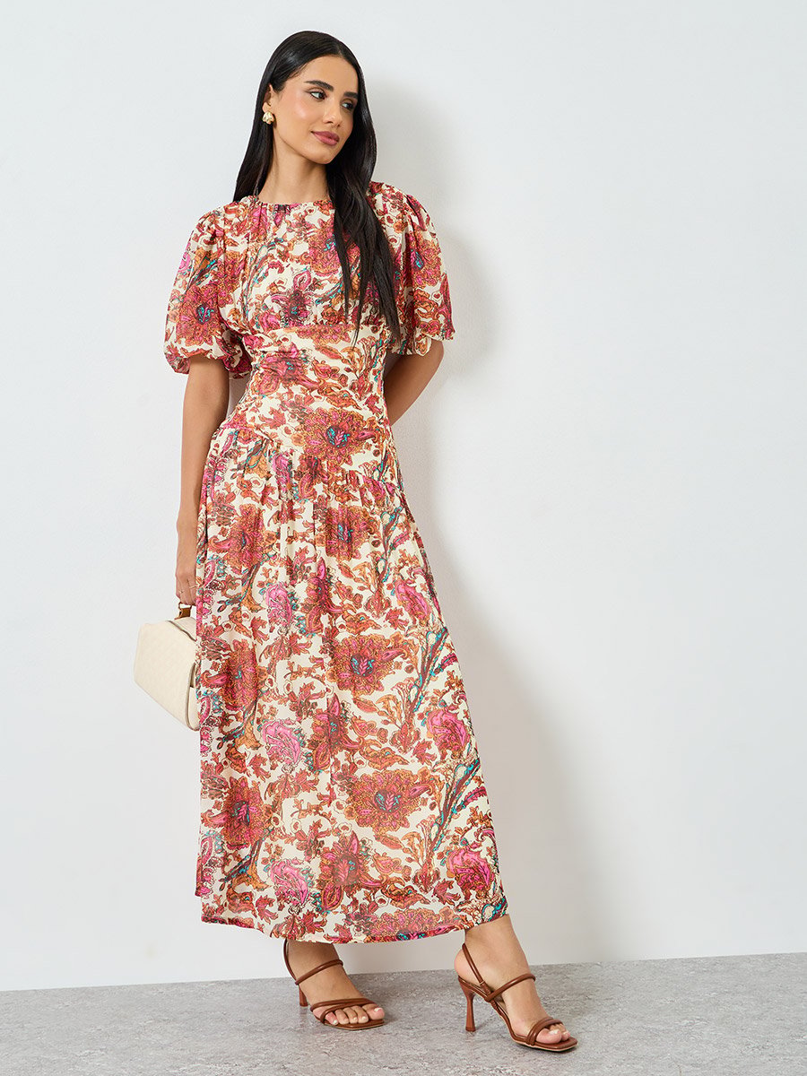 Chiffon Printed Puff Sleeve Sleeves A-Line Maxi Dress