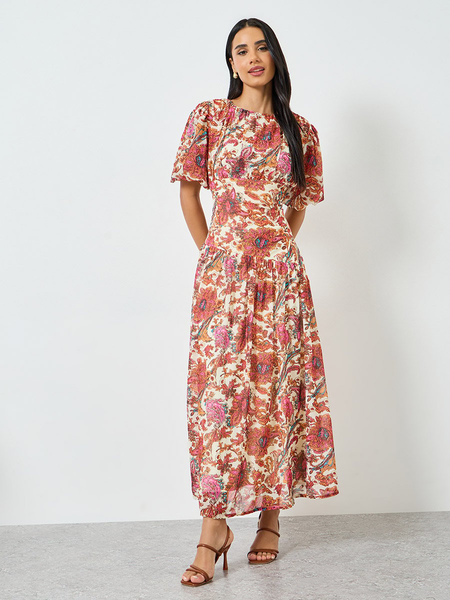 Chiffon Printed Puff Sleeve Sleeves A-Line Maxi Dress