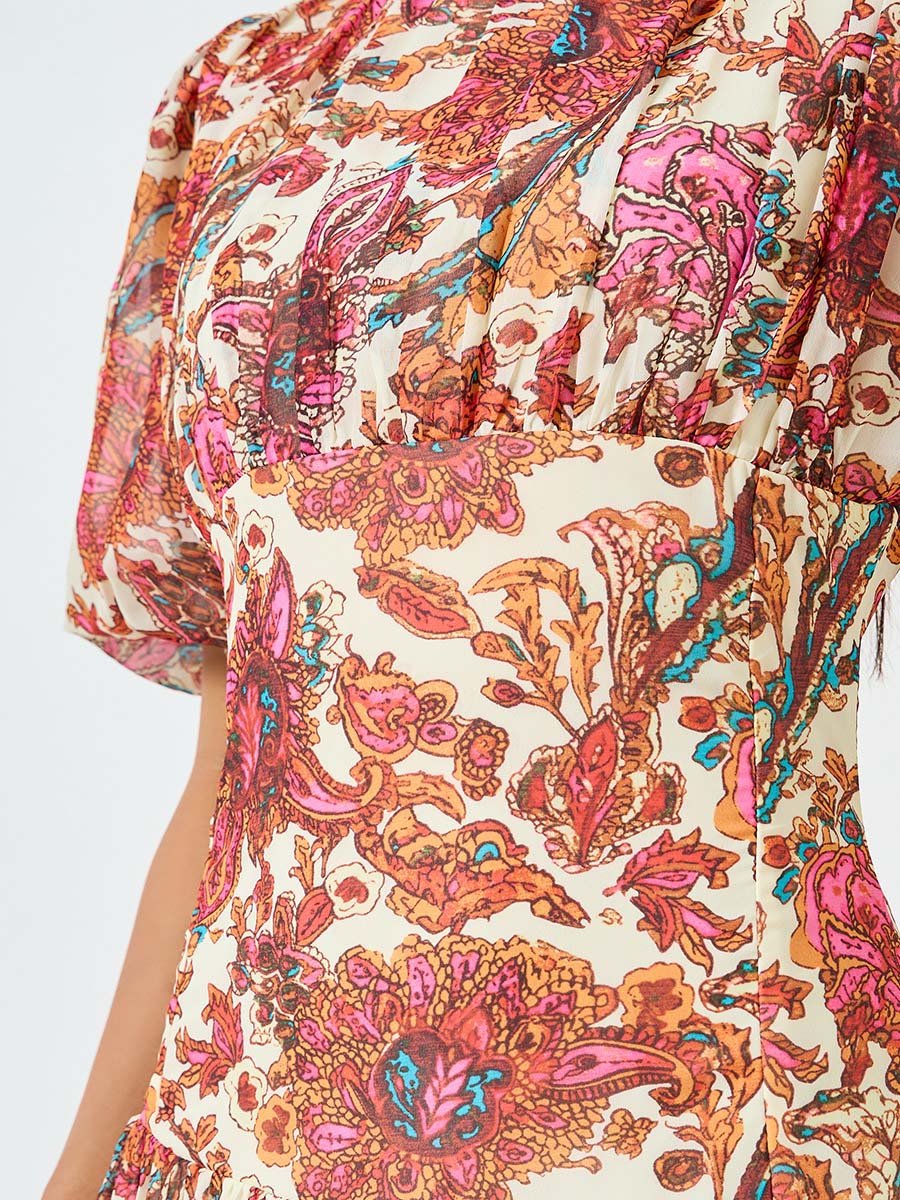 Chiffon Printed Puff Sleeve Sleeves A-Line Maxi Dress