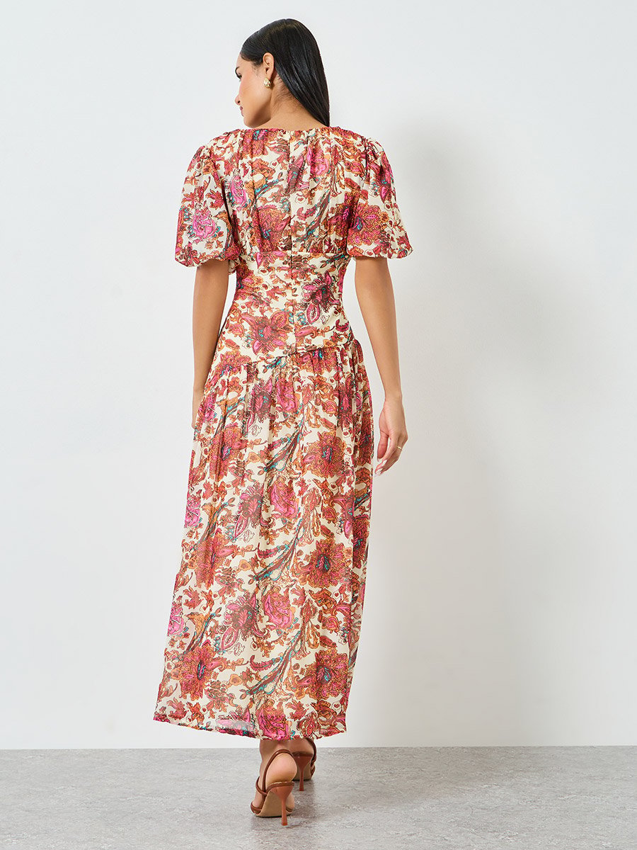 Chiffon Printed Puff Sleeve Sleeves A-Line Maxi Dress