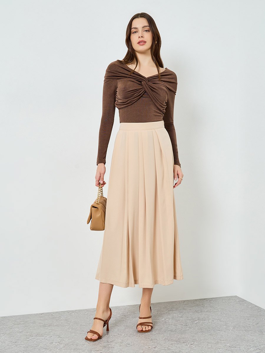 Women Beige Pleated A-Line Midi Skirt