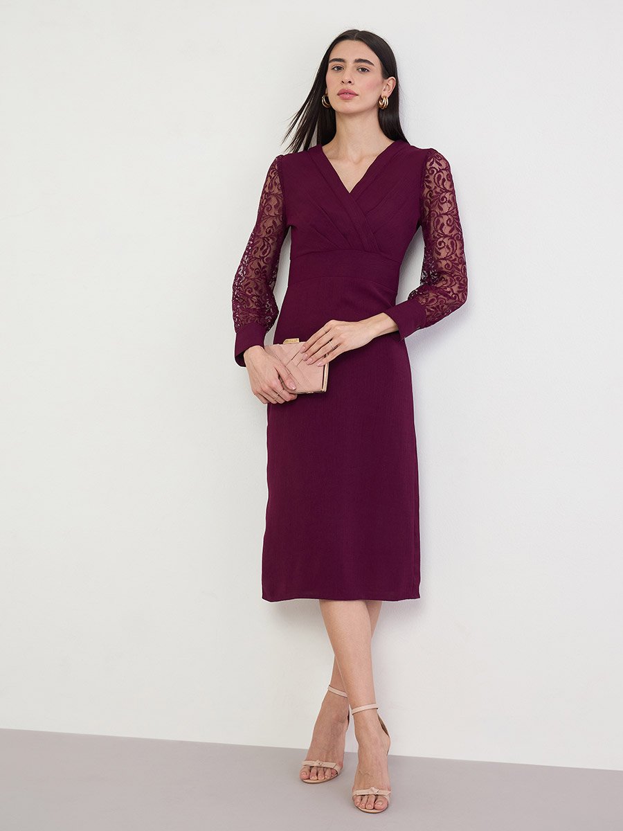Burgundy Lace Sleeve Midi Dress For Women at Saudi | Styli