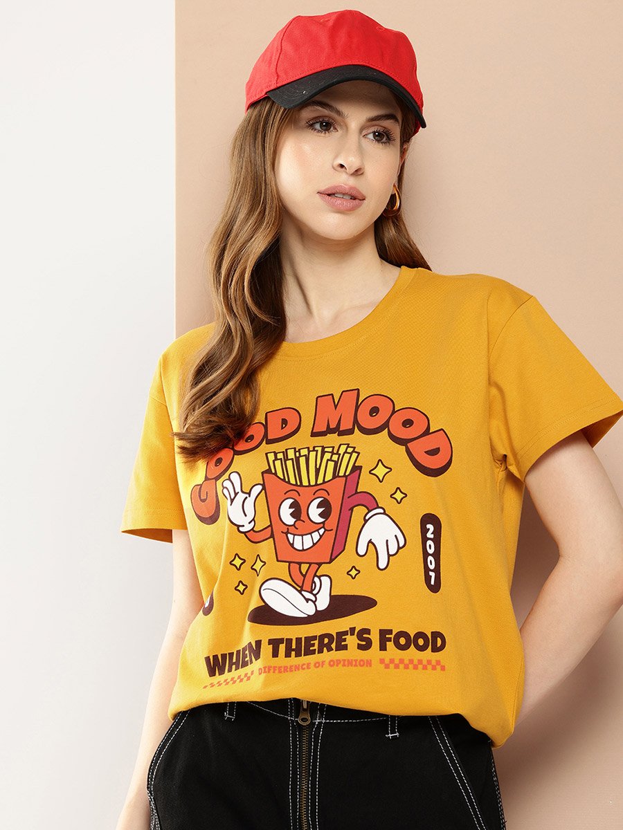 Women Yellow Boxy Fit Graphic Printed T-Shirt
