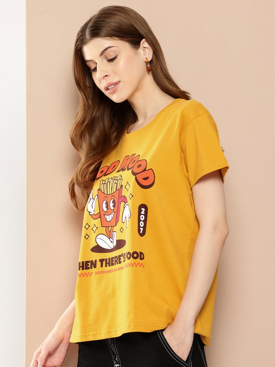 Women Yellow Boxy Fit Graphic Printed T-Shirt