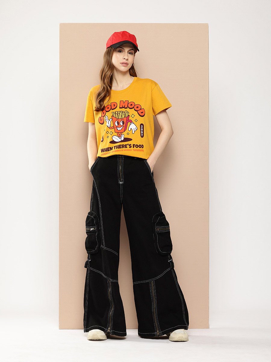 Women Yellow Boxy Fit Graphic Printed T-Shirt