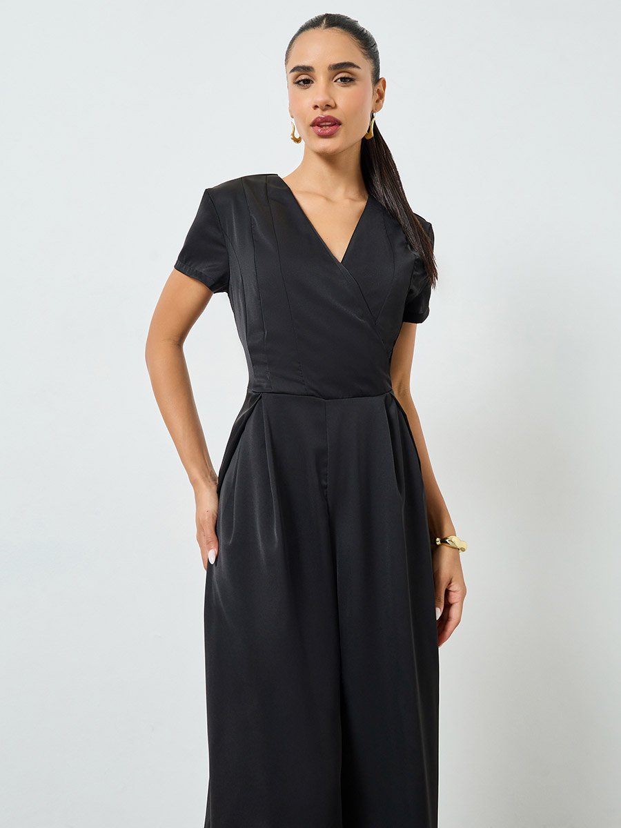Black Short Sleeves Wide Leg Wrap Jumpsuits