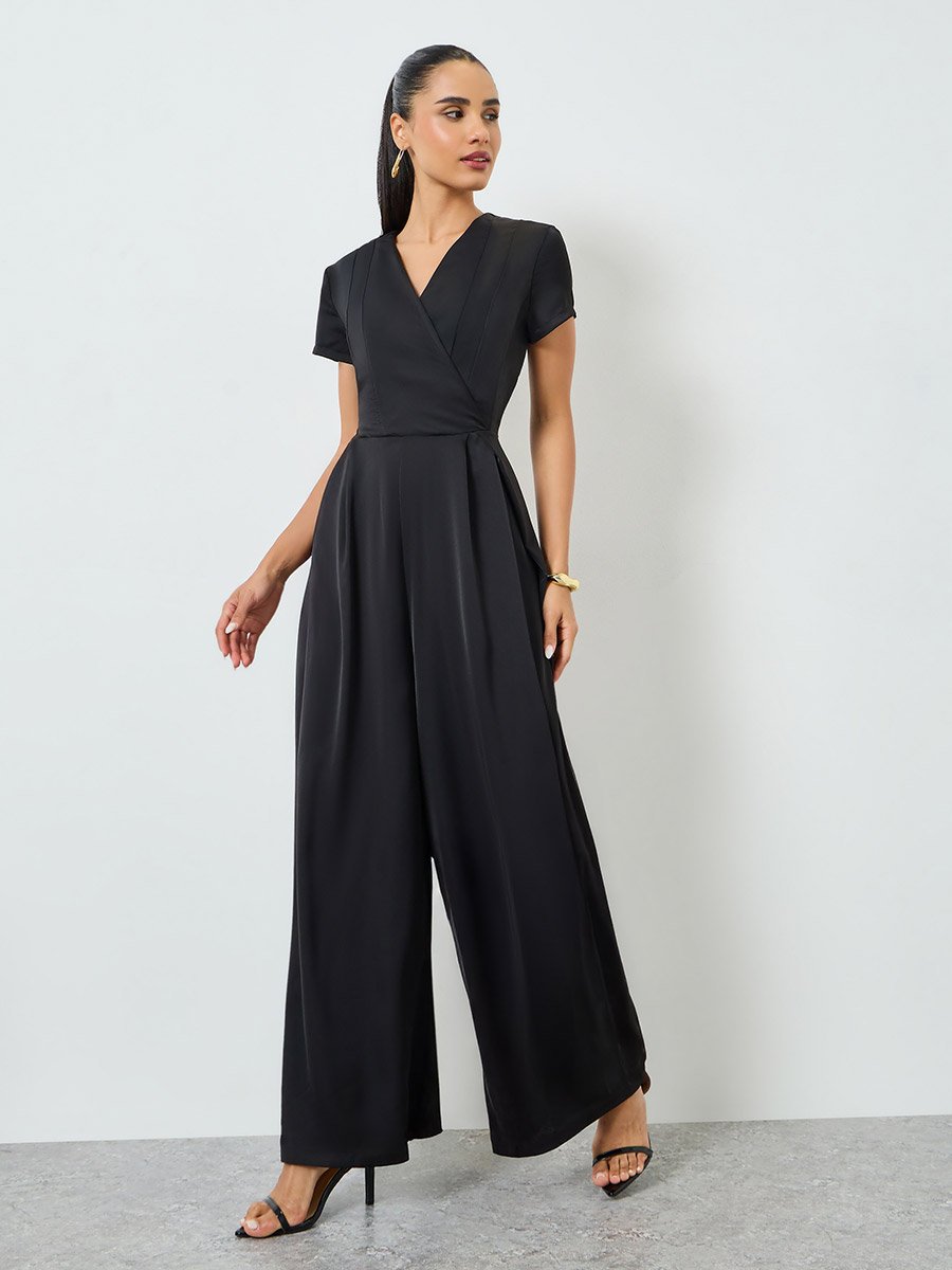 Black Short Sleeves Wide Leg Wrap Jumpsuits