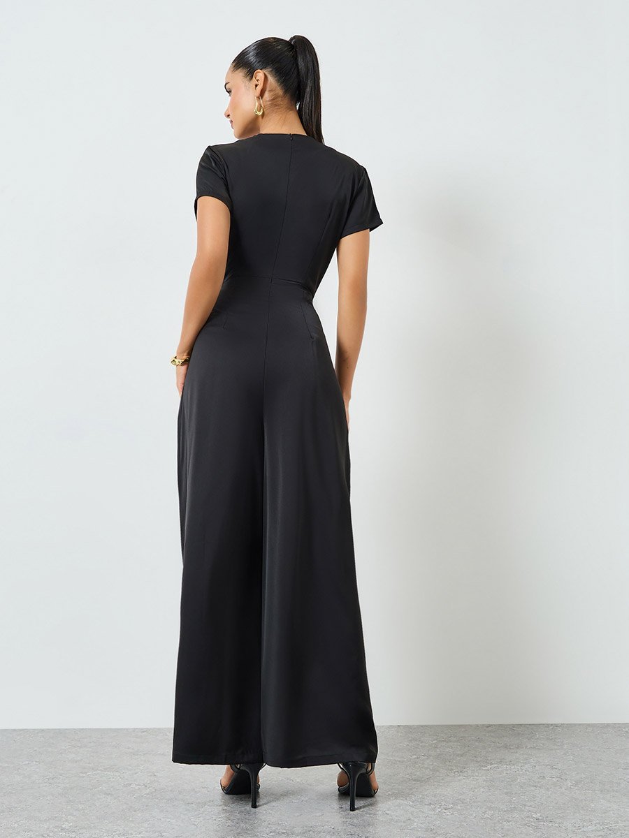 Black Short Sleeves Wide Leg Wrap Jumpsuits