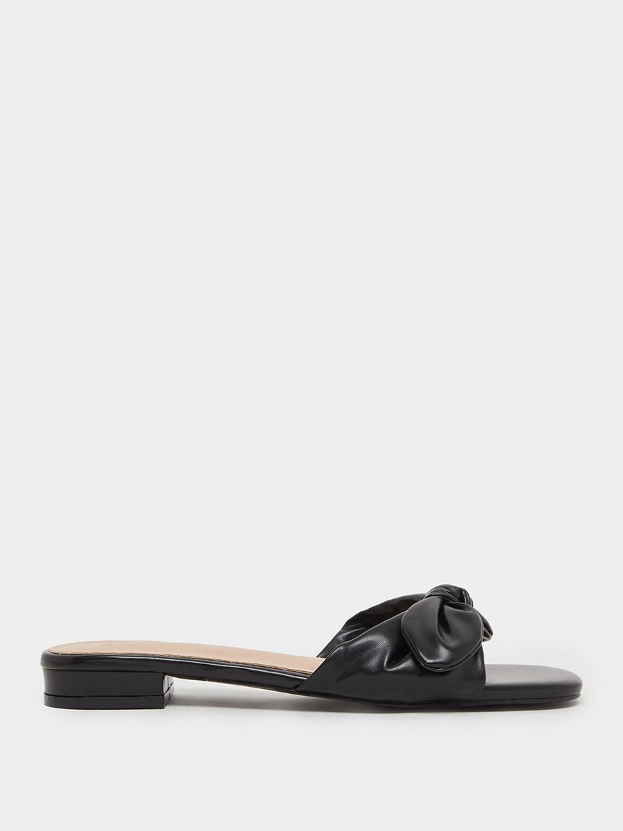 Women Black Bow Trim Flat Mules