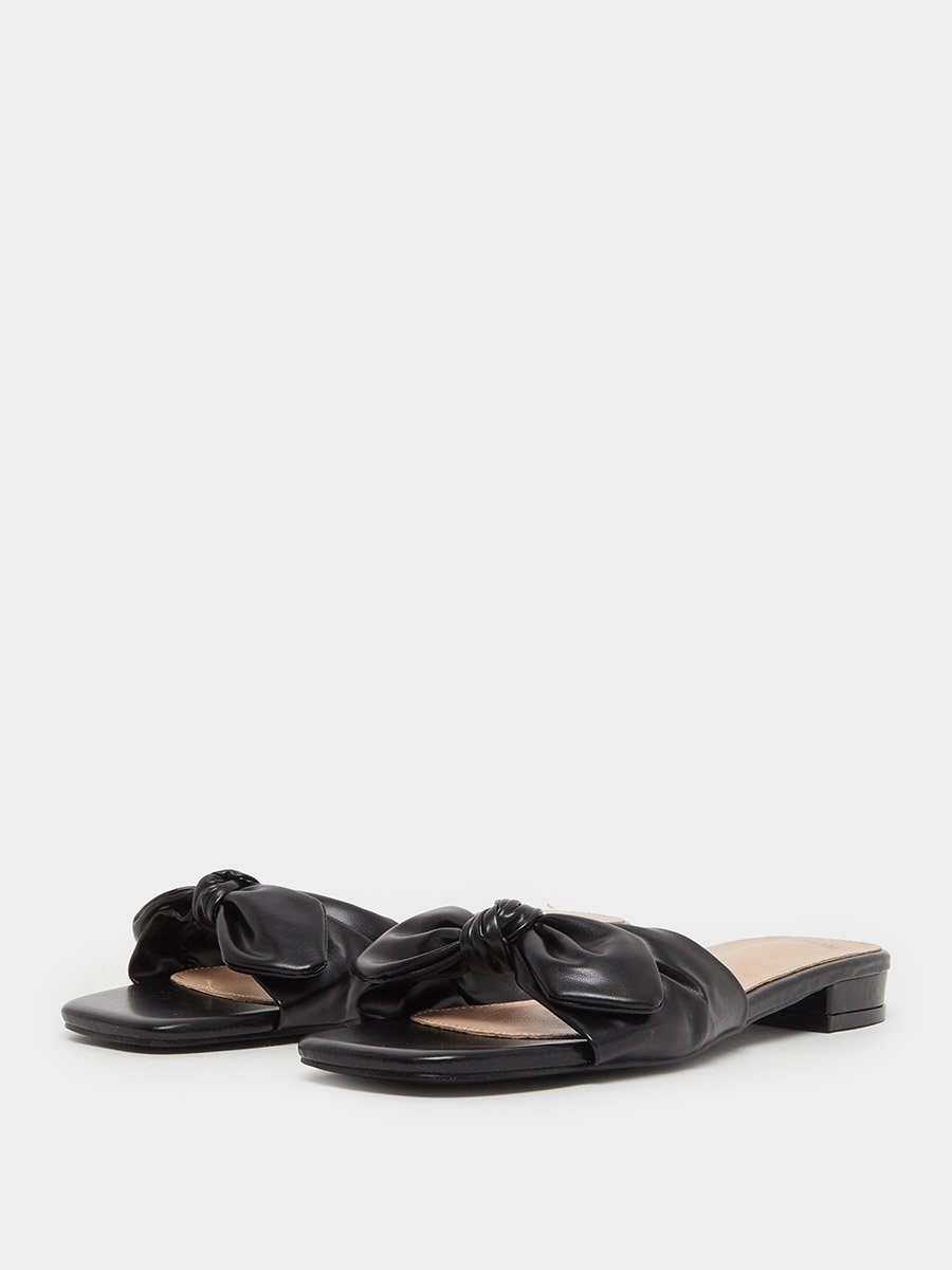 Women Black Bow Trim Flat Mules