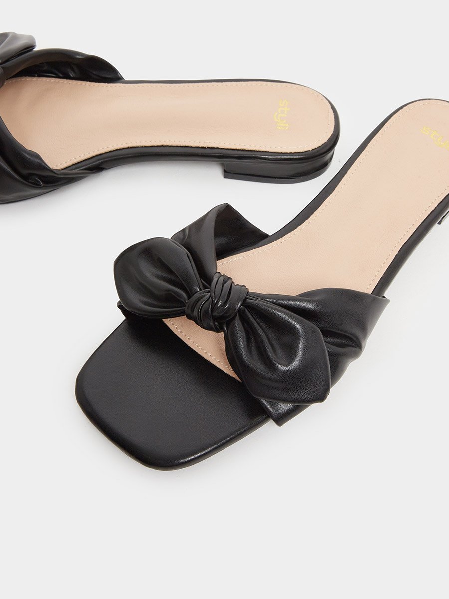 Women Black Bow Trim Flat Mules