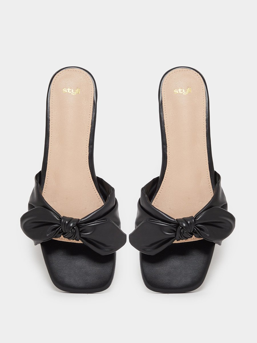 Women Black Bow Trim Flat Mules
