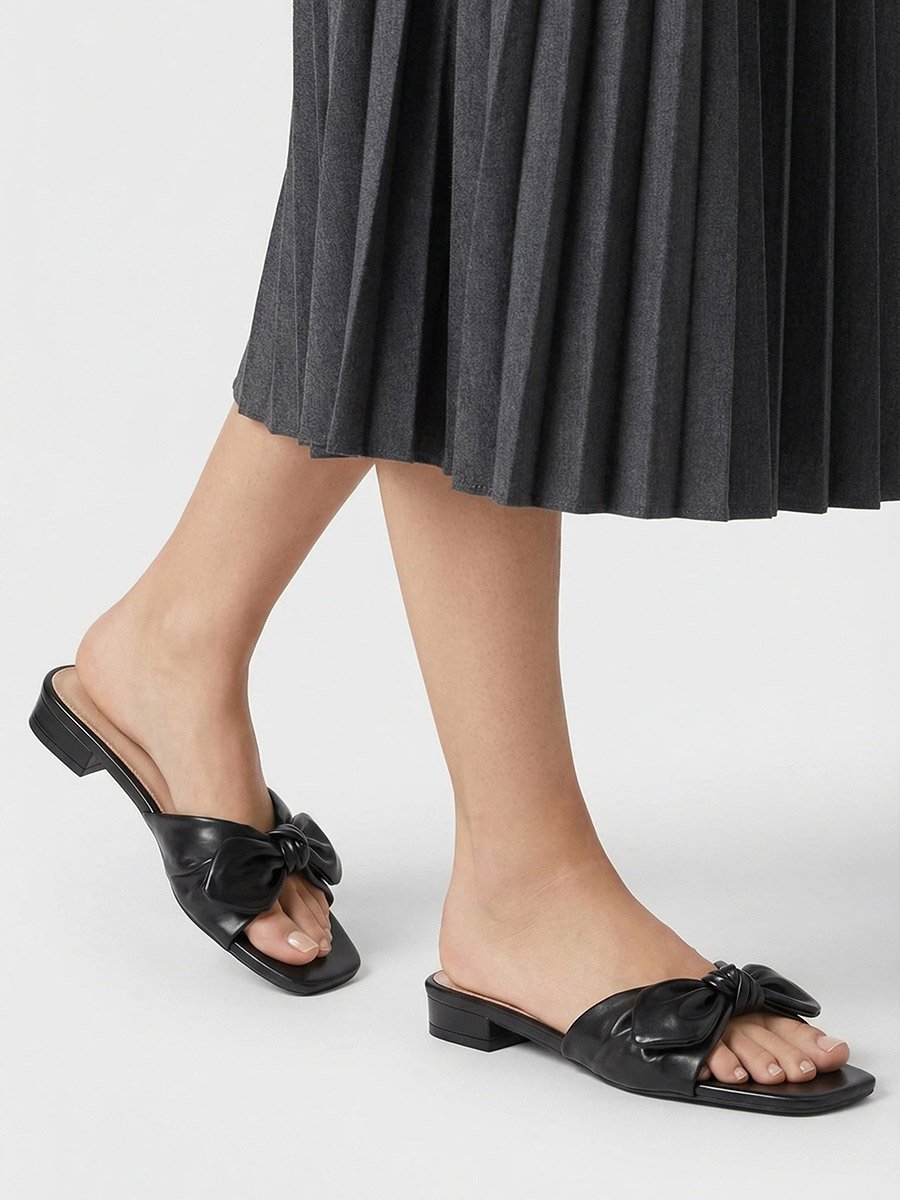 Women Black Bow Trim Flat Mules