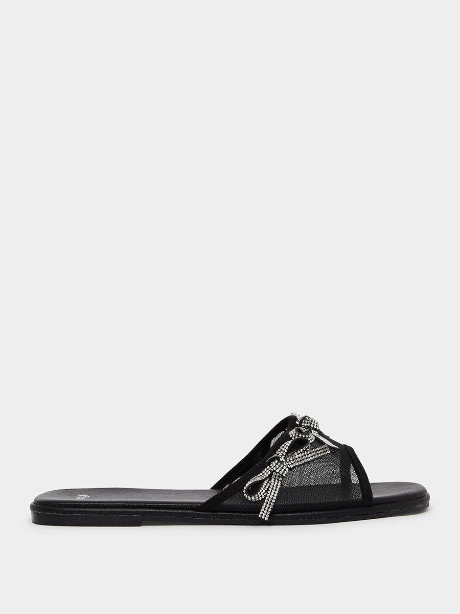Black Embellished Bow Trim Mules