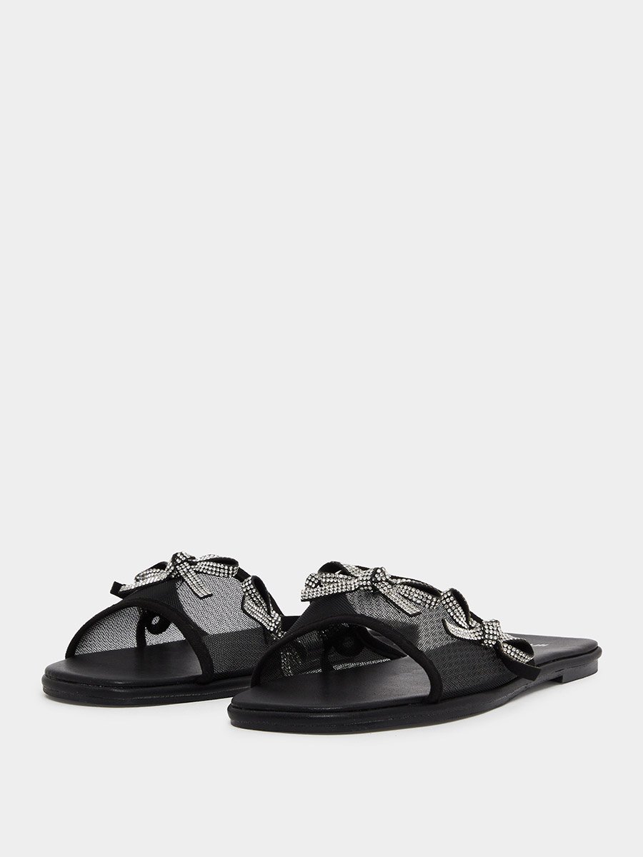 Black Embellished Bow Trim Mules