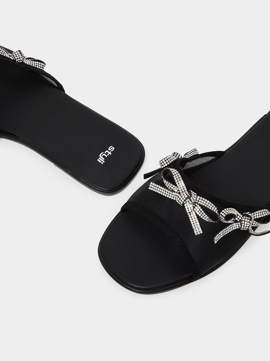 Black Embellished Bow Trim Mules