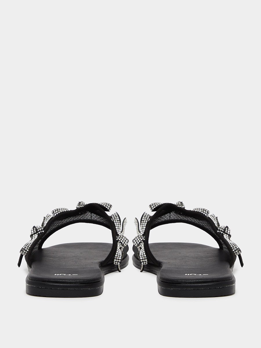 Black Embellished Bow Trim Mules