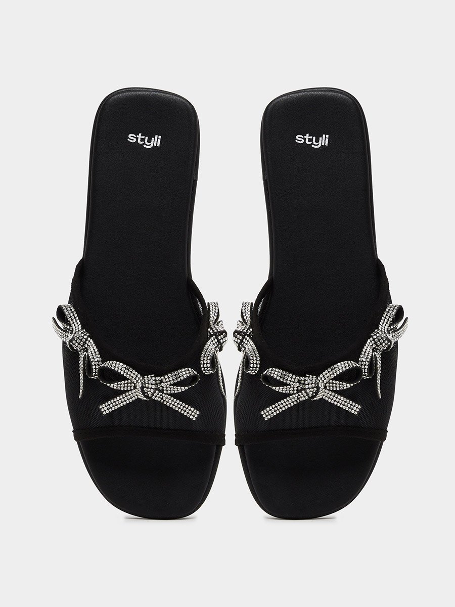 Black Embellished Bow Trim Mules