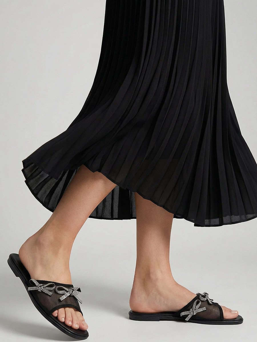 Black Embellished Bow Trim Mules