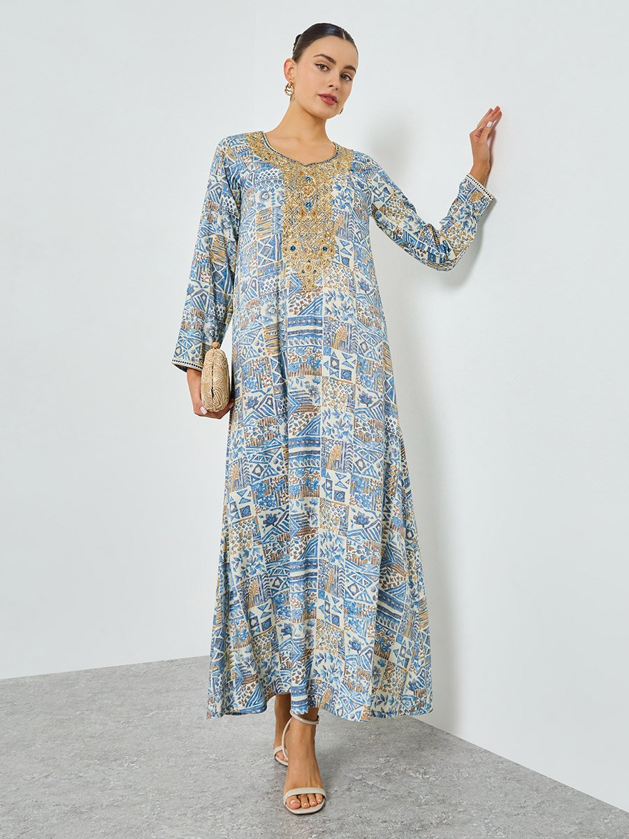 Blue Printed Embroidered A-Line Jalabiya
