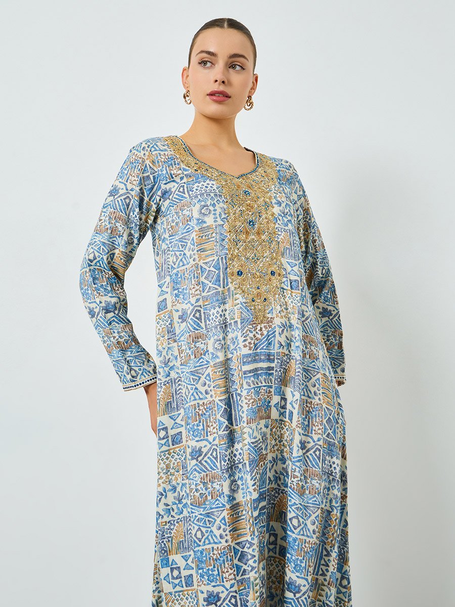 Blue Printed Embroidered A-Line Jalabiya