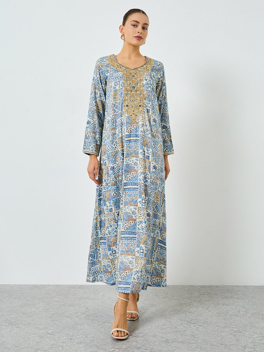Blue Printed Embroidered A-Line Jalabiya