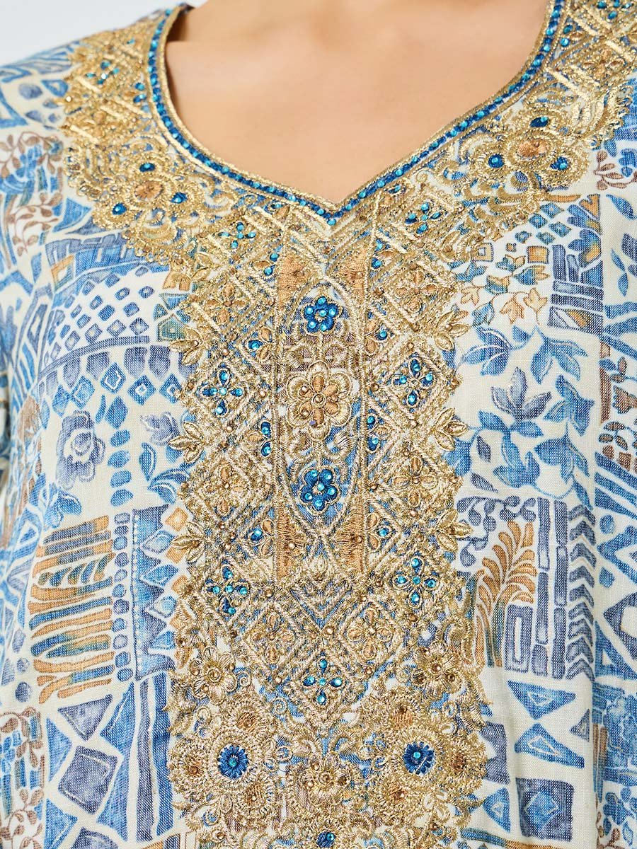 Blue Printed Embroidered A-Line Jalabiya