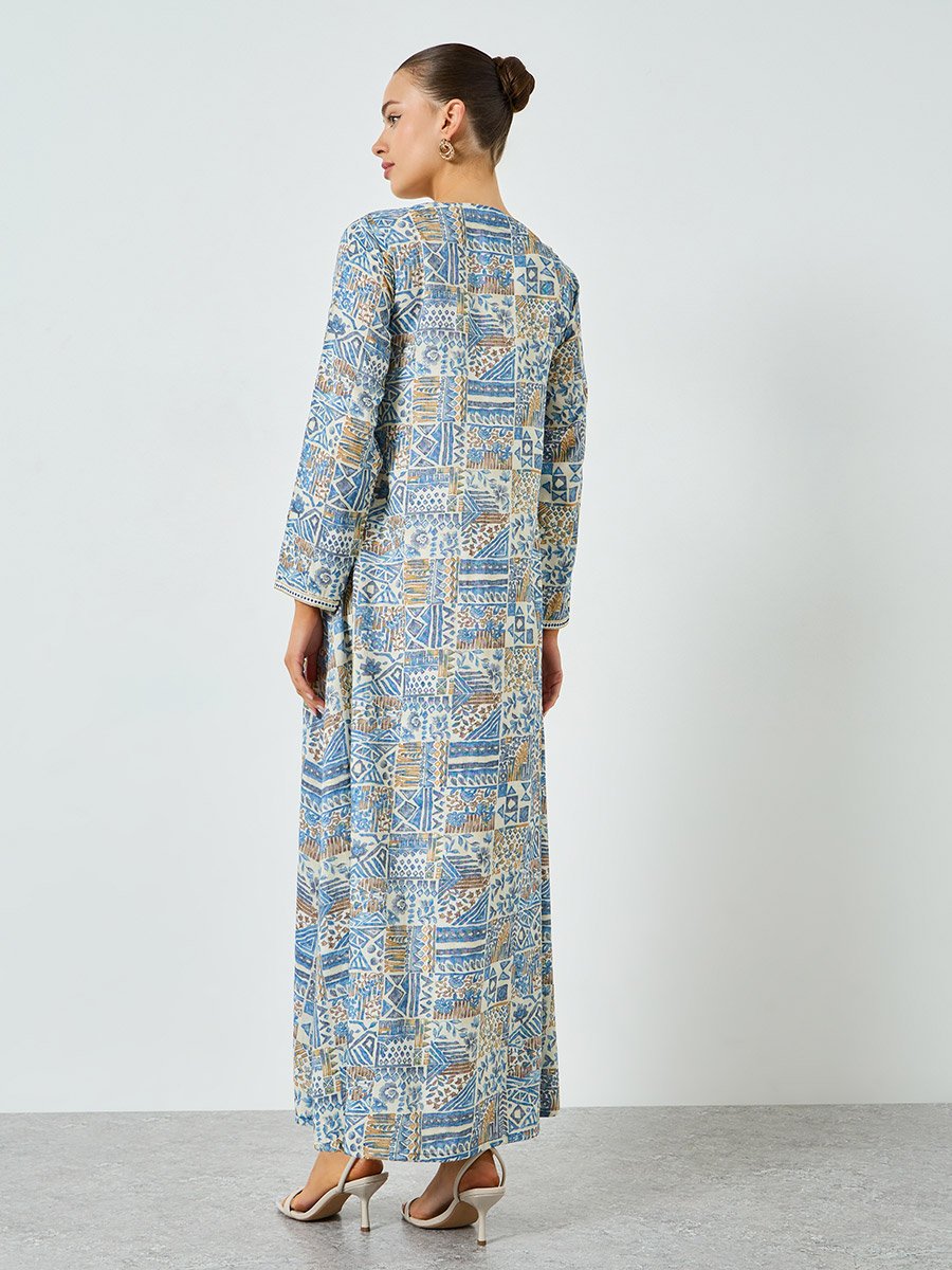Blue Printed Embroidered A-Line Jalabiya