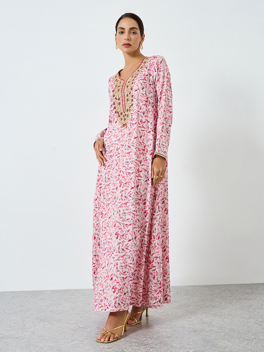 Women Pink Floral Print Embroidered Jalabiya 