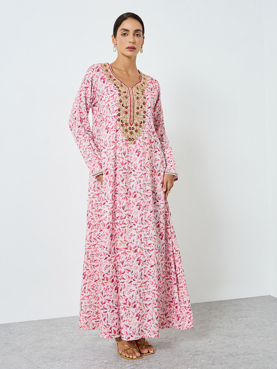 Women Pink Floral Print Embroidered Jalabiya 