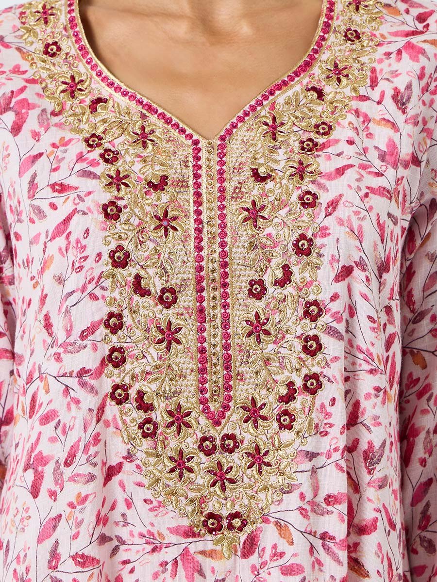 Women Pink Floral Print Embroidered Jalabiya 
