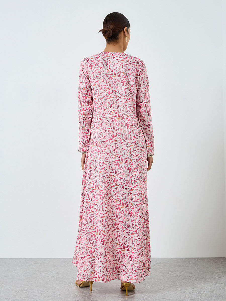 Women Pink Floral Print Embroidered Jalabiya 