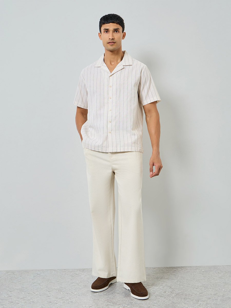Men Striped Resort Collar Cotton Linen Shirt
