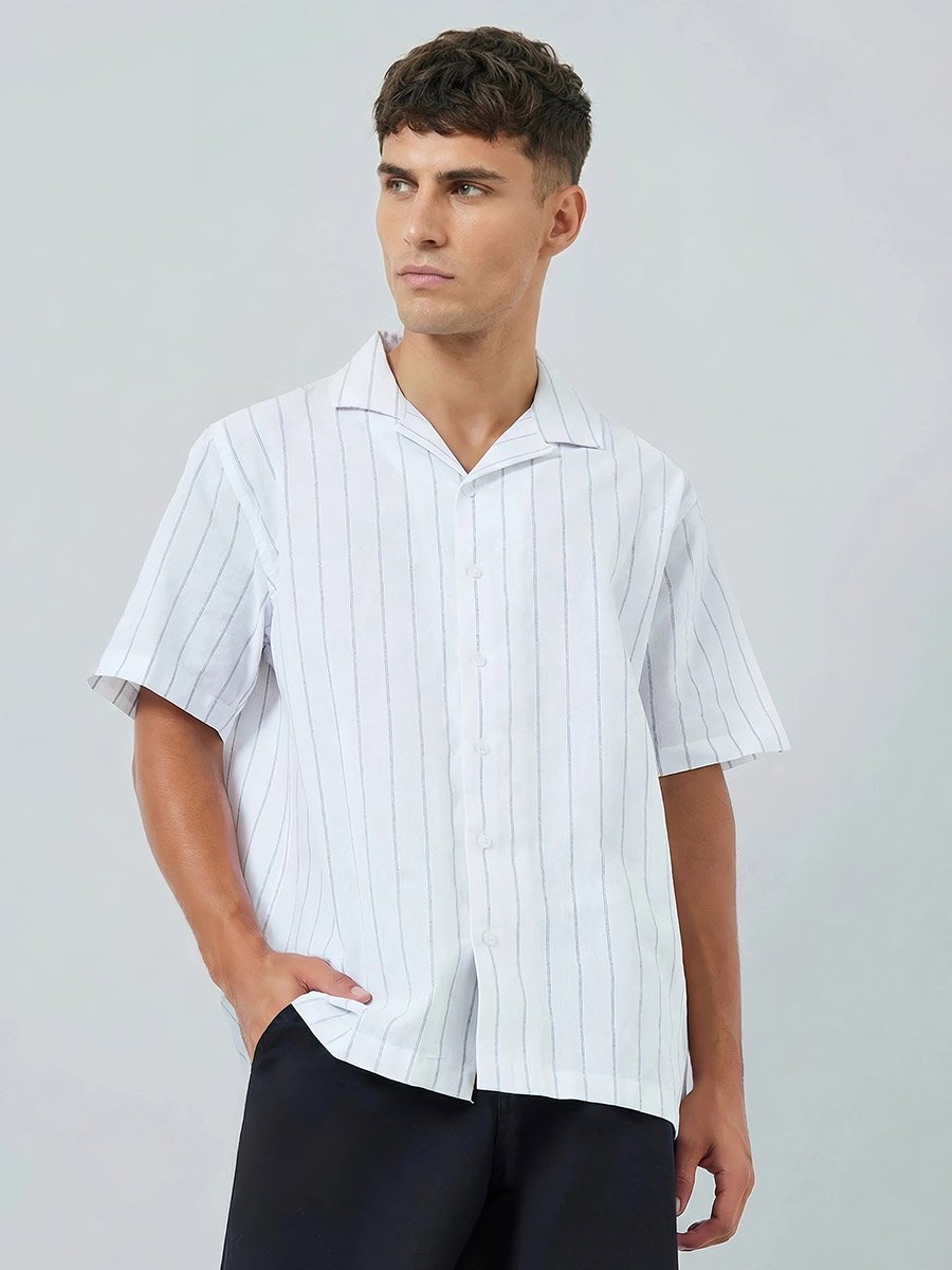 Men Striped Resort Collar Cotton Linen Shirt