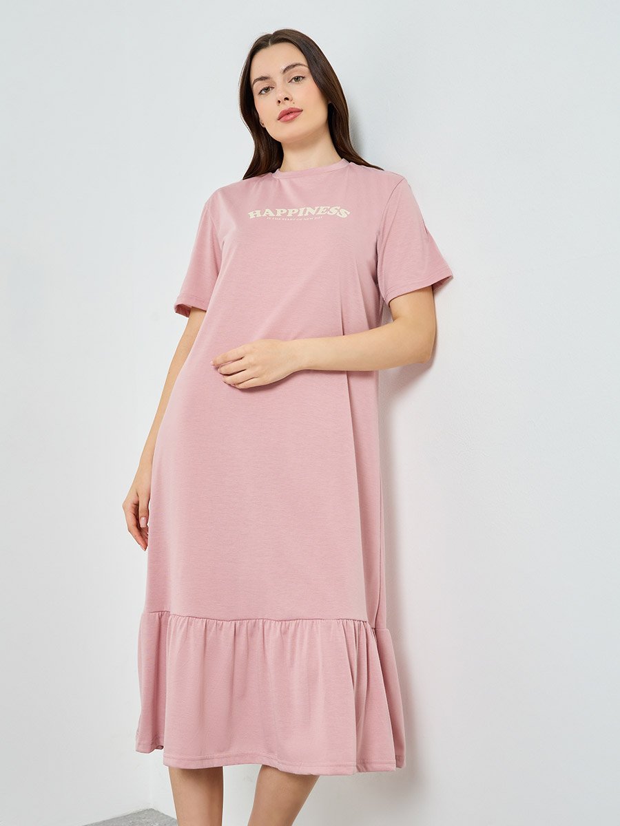 Women Happiness Slogan Wide Ruffle T-Shirt Dress