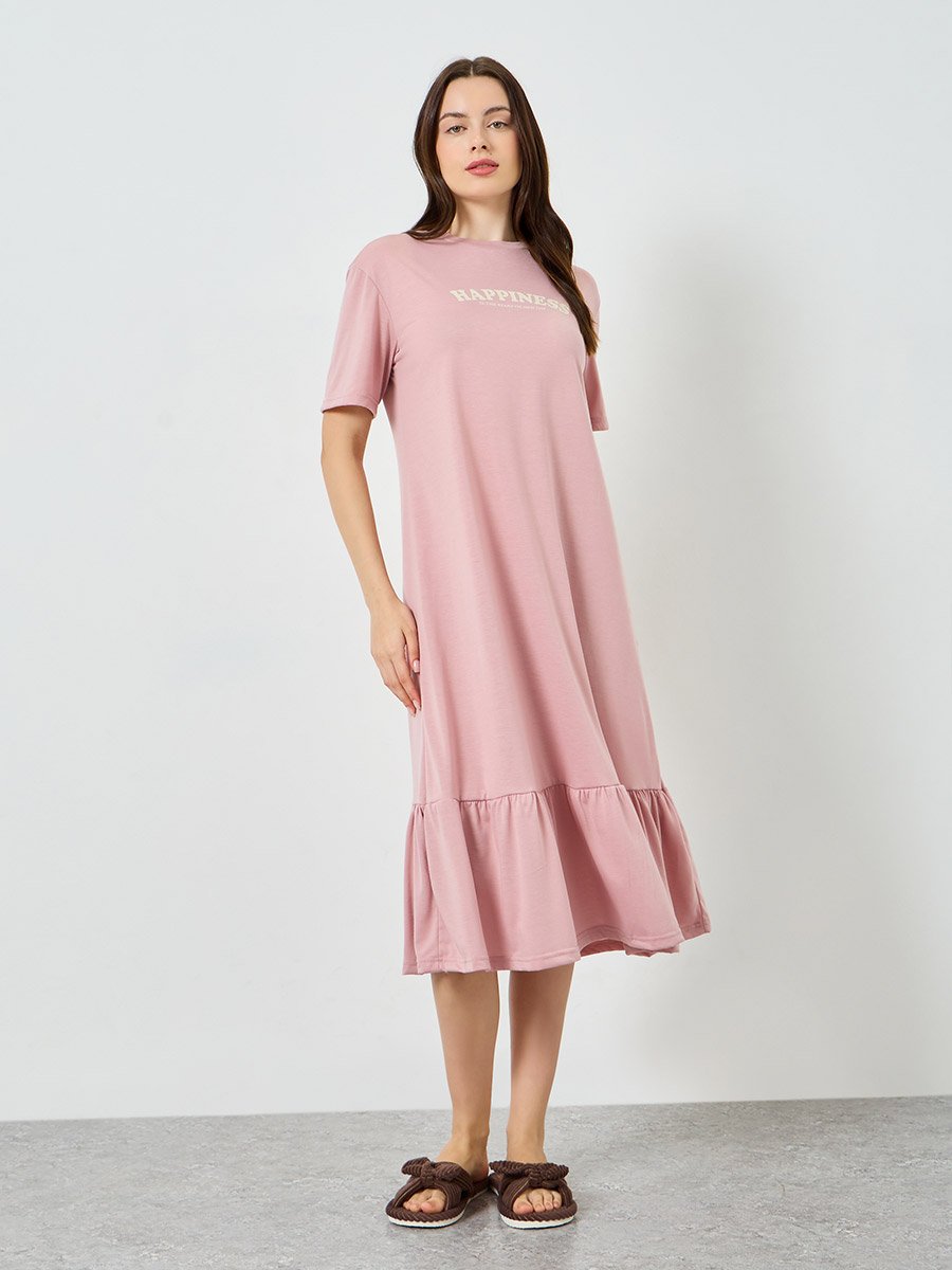 Women Happiness Slogan Wide Ruffle T-Shirt Dress