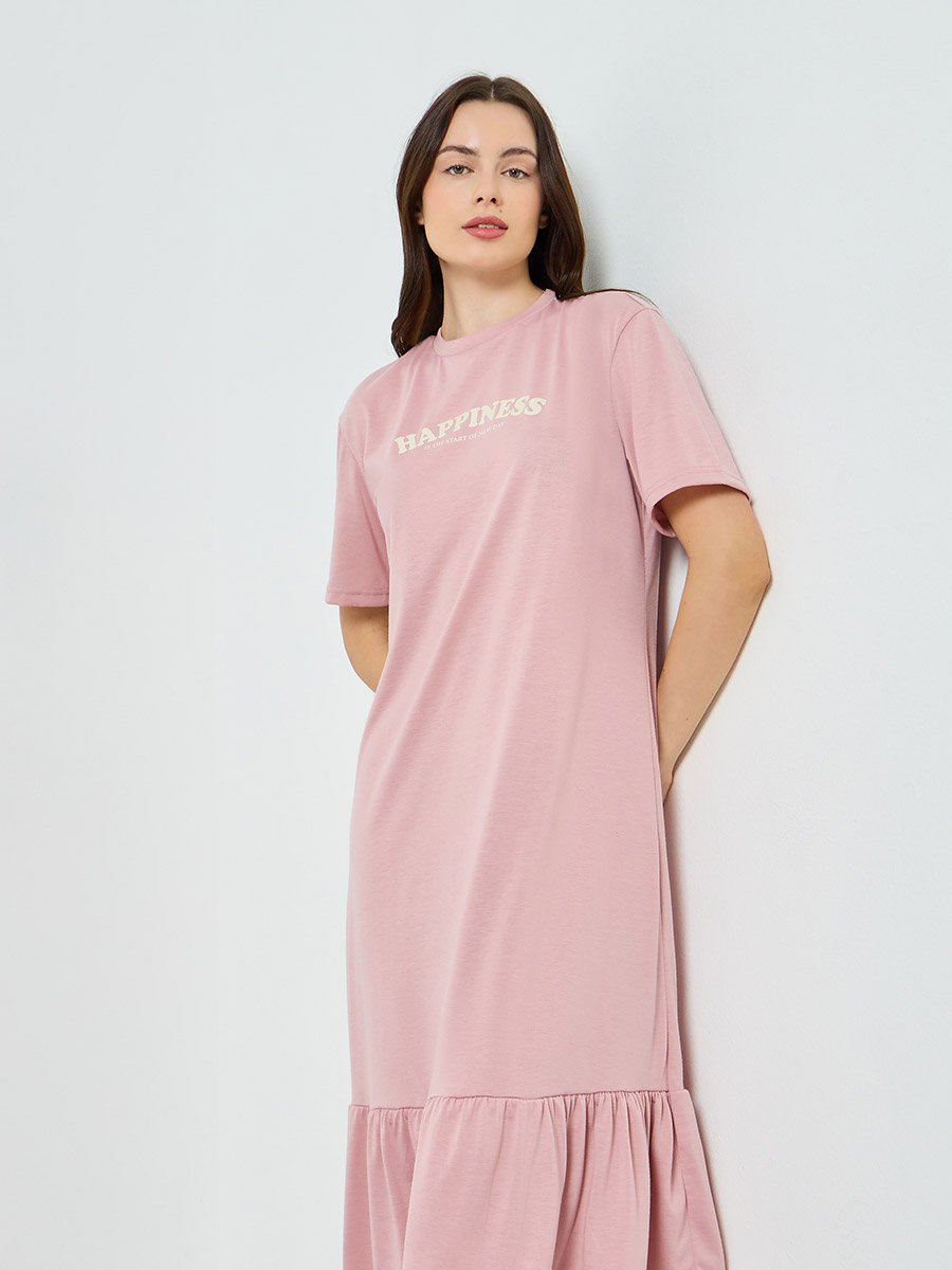 Women Happiness Slogan Wide Ruffle T-Shirt Dress