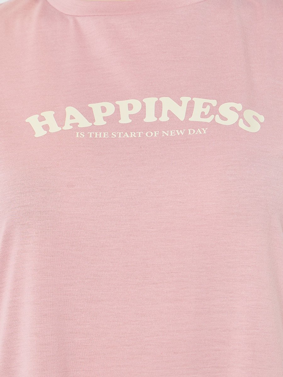 Women Happiness Slogan Wide Ruffle T-Shirt Dress