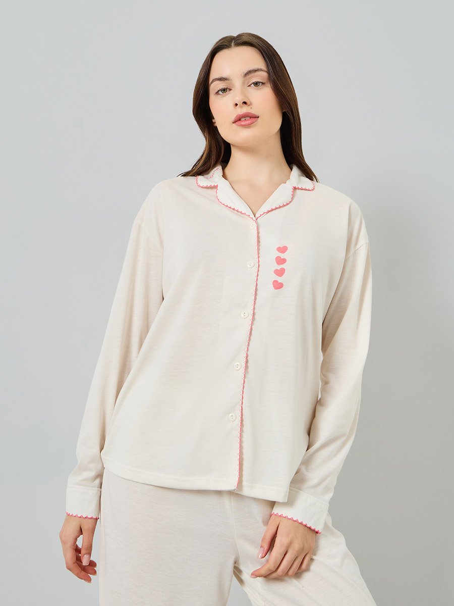 Women Heart Print Scallop Edge Detail Shirt and Pyjama