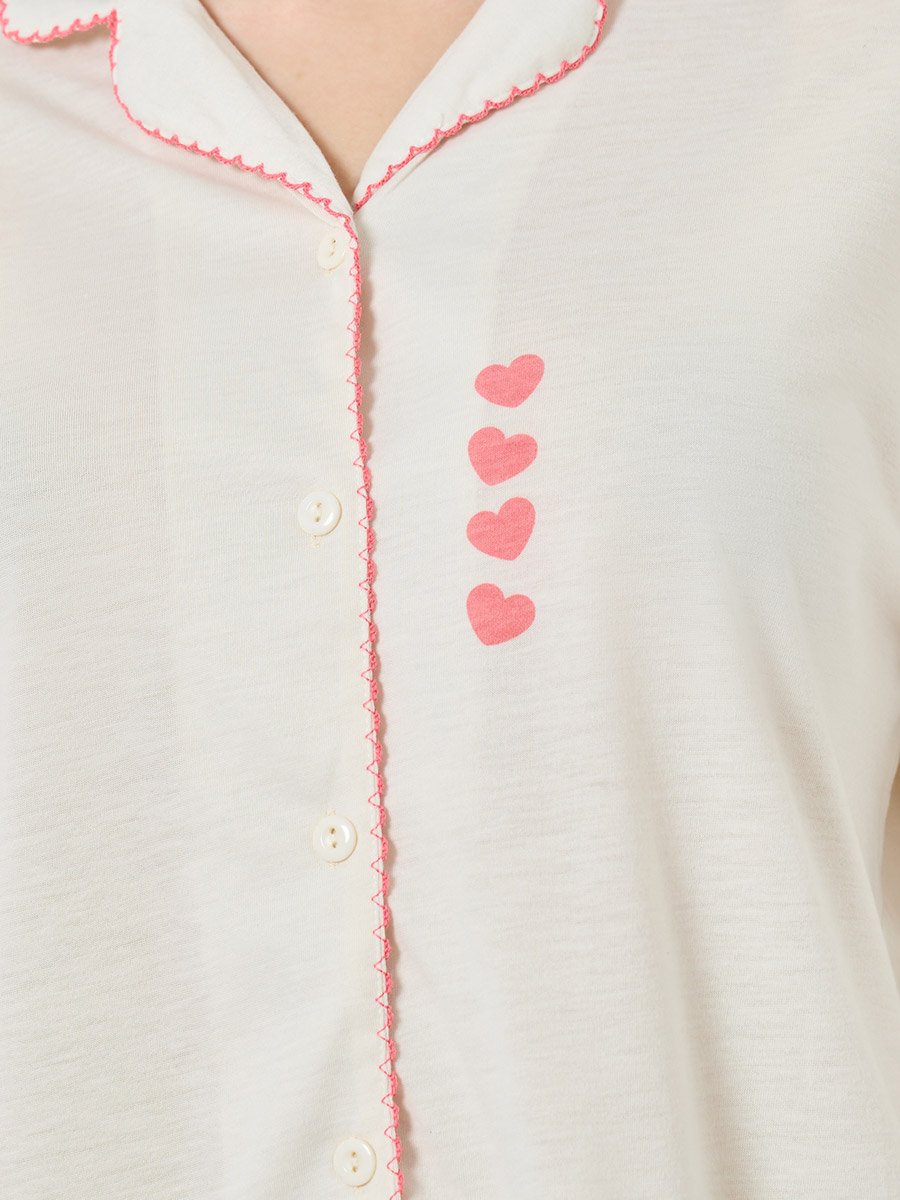 Women Heart Print Scallop Edge Detail Shirt and Pyjama