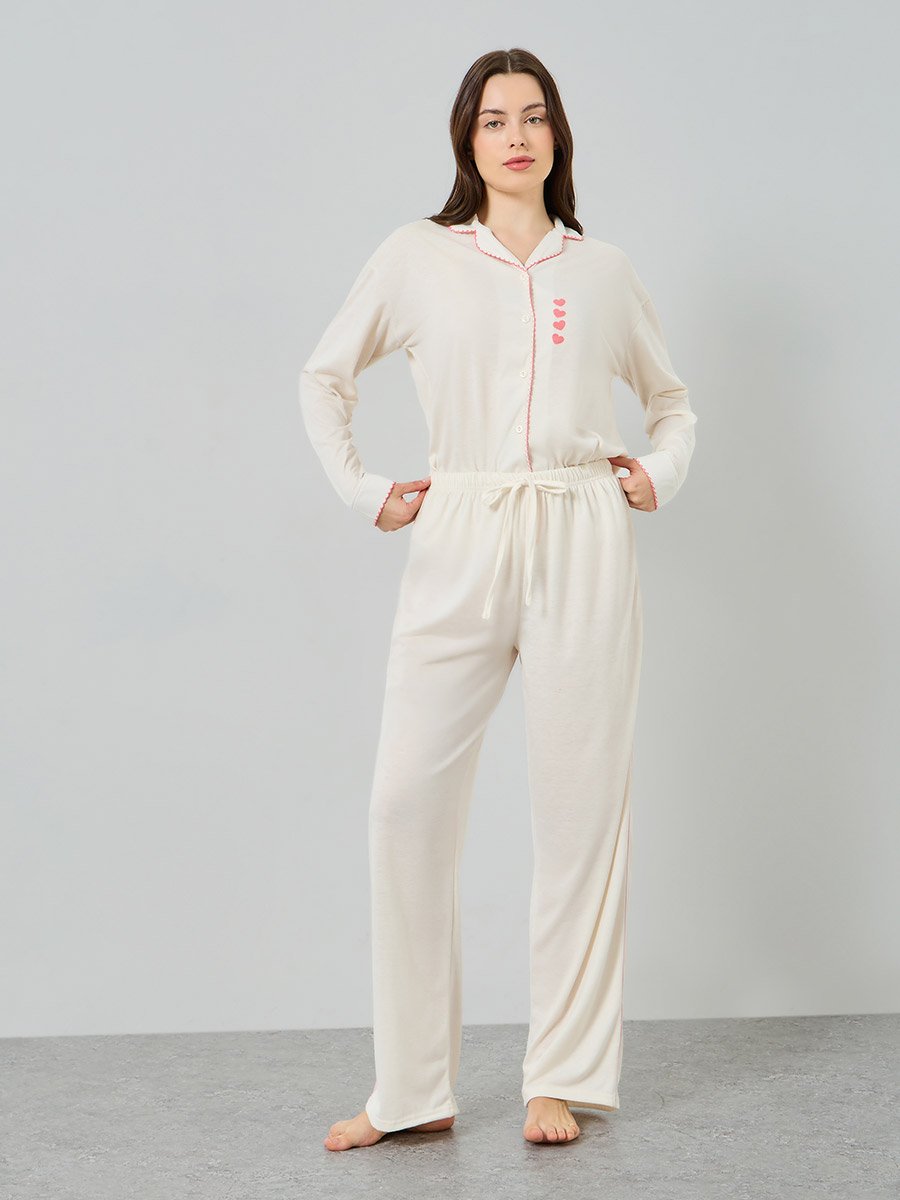 Women Heart Print Scallop Edge Detail Shirt and Pyjama