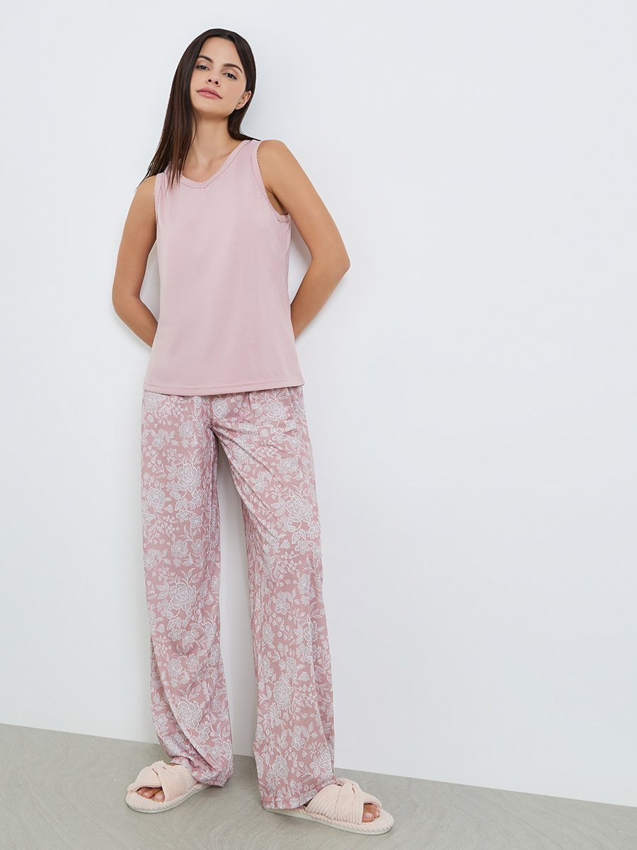 Women Pink Sleeveless Top and Floral Pyjama Set