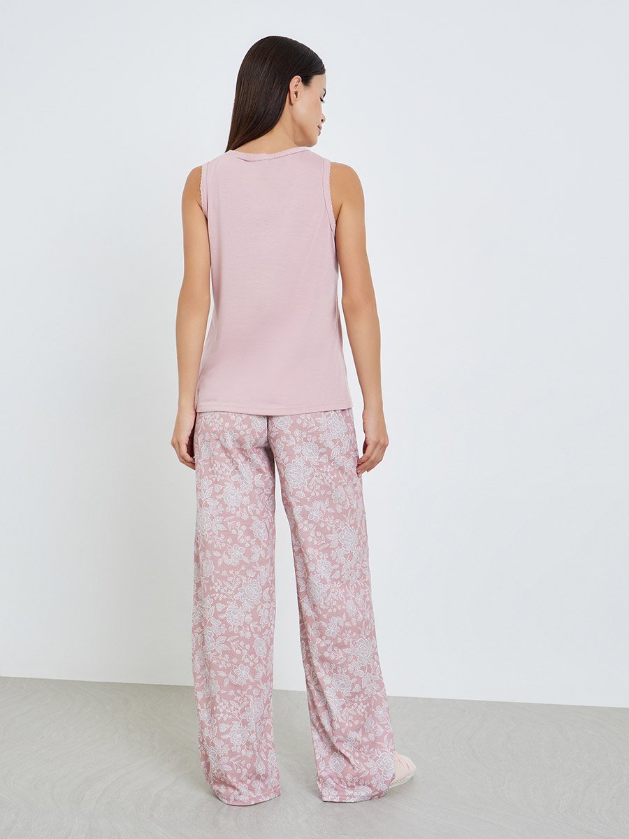 Women Pink Sleeveless Top and Floral Pyjama Set