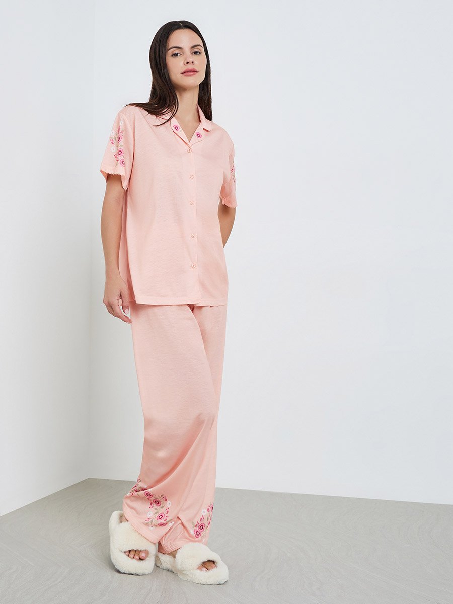 Women Pink Floral Buttoned Shirt and Pyjama Set