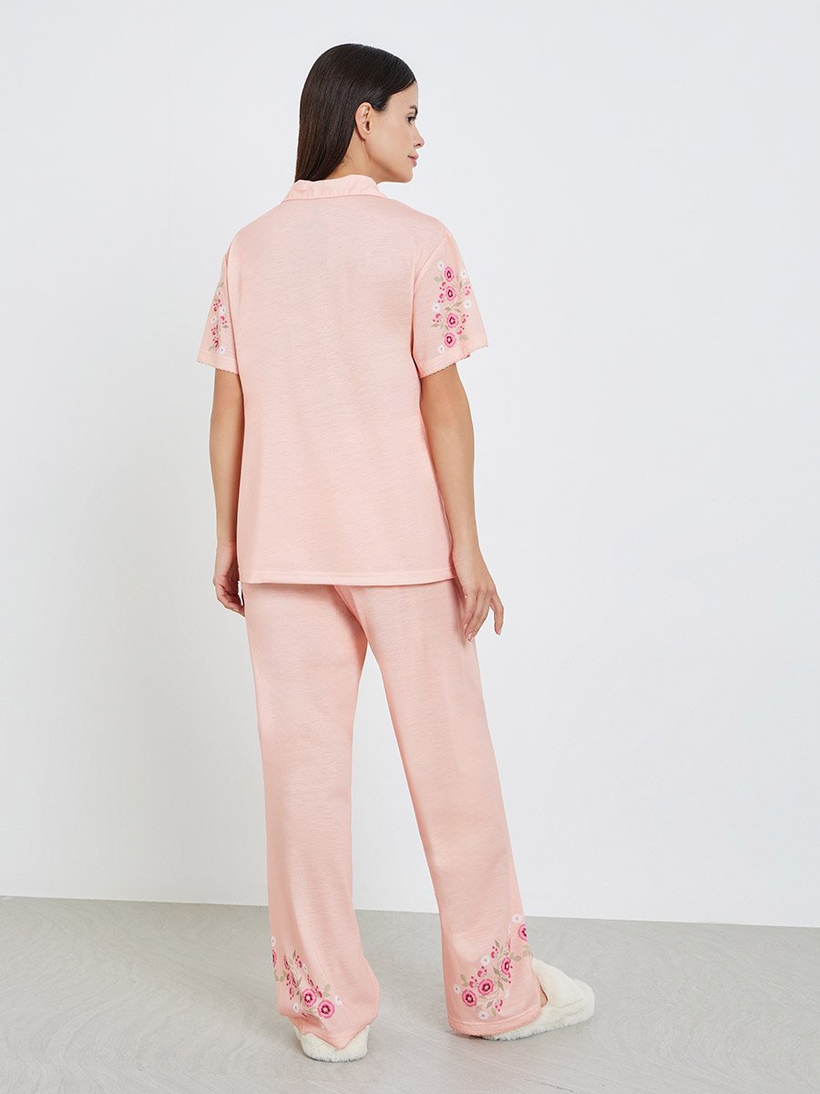Women Pink Floral Buttoned Shirt and Pyjama Set
