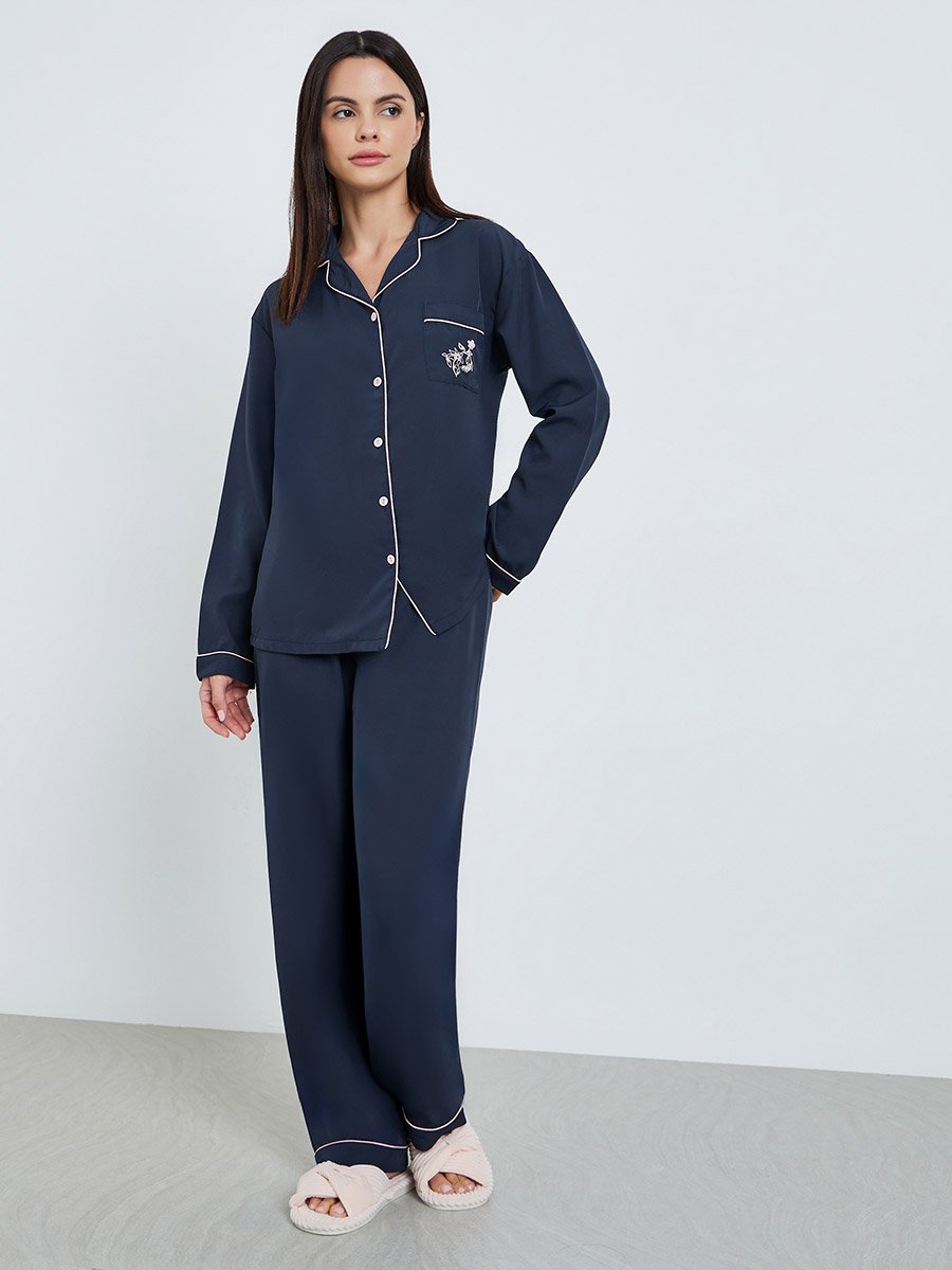 Women Navy Blue Long Sleeve Shirt and Pyjama Set